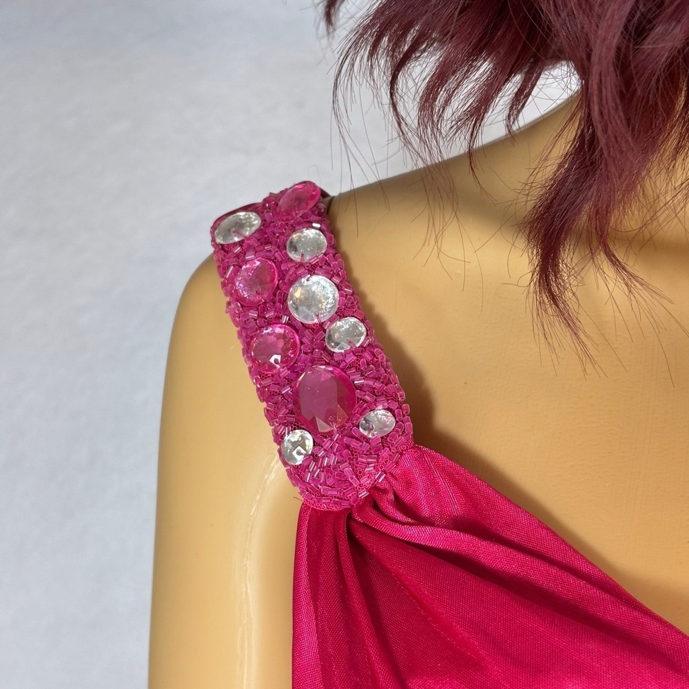 Vintage y2k Pink Satin One Shoulder Ruched Mini Dress Rhinestone Party MEDIUM - Picture 6 of 10